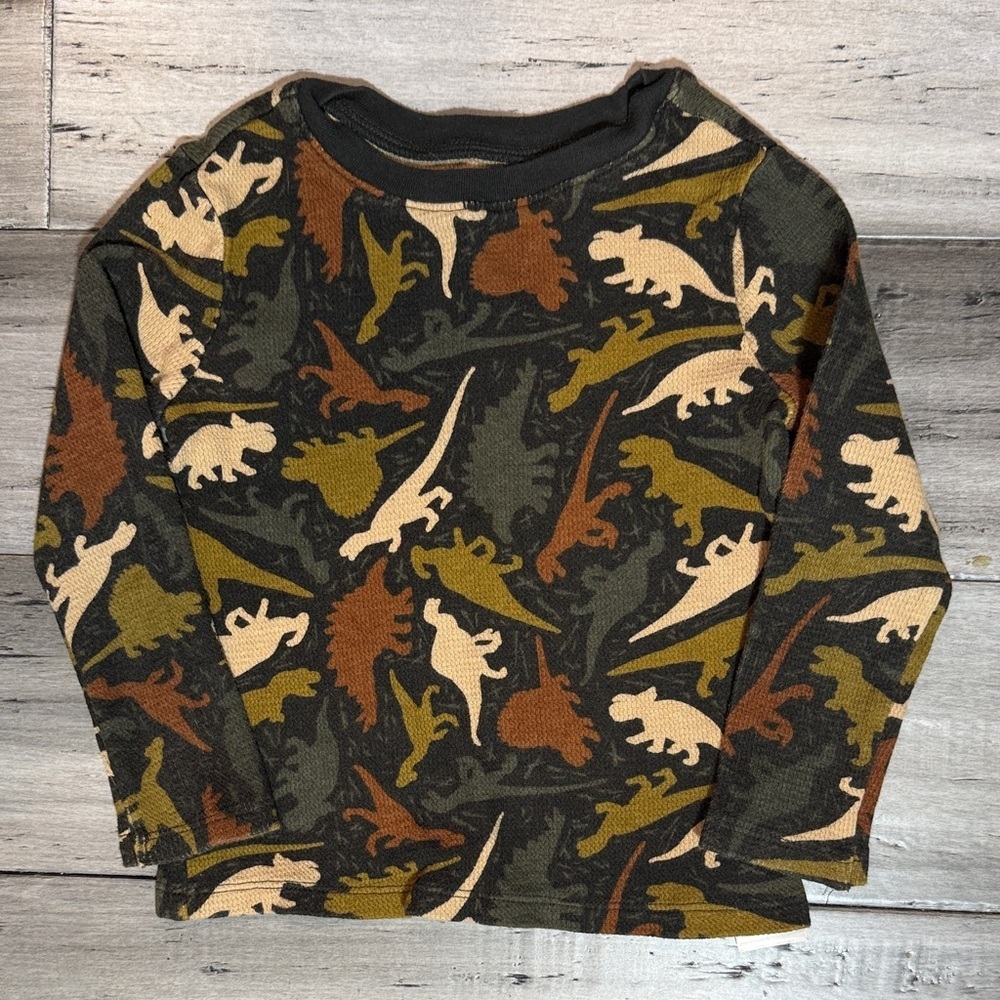 Kids Long-Sleeve Dinosaur Print Shirt - Olive & Brown